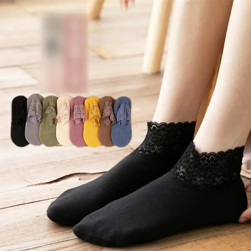 

New Fashion Lace Warmer Socks Women Breathable Warmer Socks Solid Color Boat Comfortable Cotton Ankle Socks with Lace