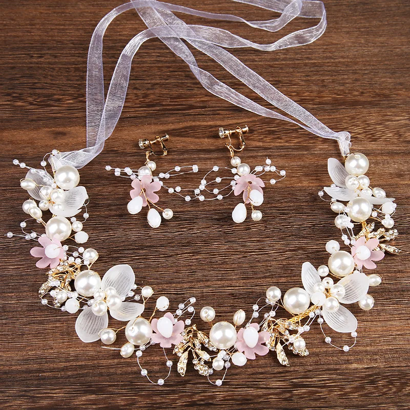 Baby Girl Crown 2021 Princess Sweet Flower Beading Patchwork Headdress with Earrings Wedding Birthday Headpiece Hair Wreath