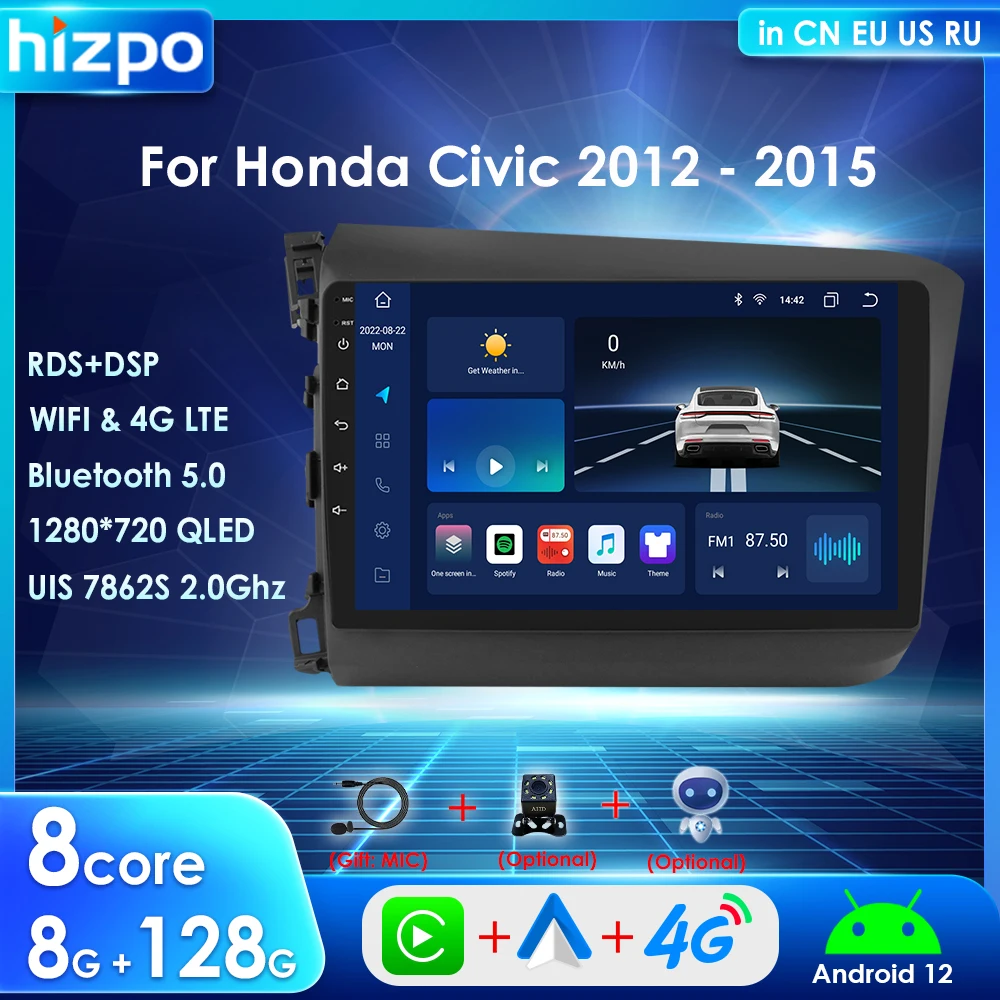 

Автомагнитола Hizpo UIS7862S 2 Din для Honda Civic 2012-2015, автомагнитола с левым вождением, Android 12, мультимедийный плеер 4G GPS BT SWC RDS DSP