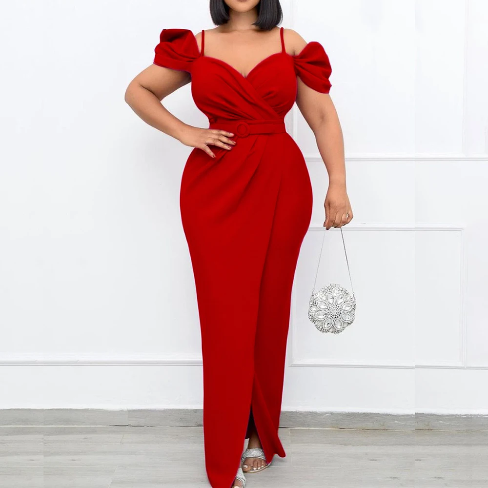 

Sexy Off Shpulder Spaghetti Strap Short Sleeve V Neck Bodycon Dress Evening Party Dress Women Elegant Long Slim Pencil Dress