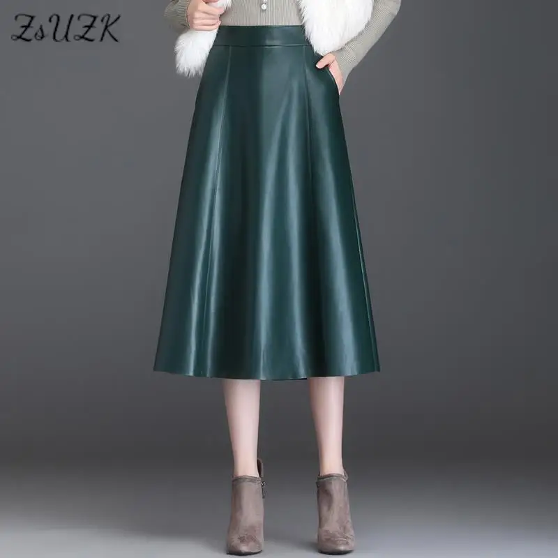

ZUZK Women Leather A-line Skirt New Autumn Winter Fashion Skirt High Waist Zip Elegant Work Wear Skirt Simple Skirt