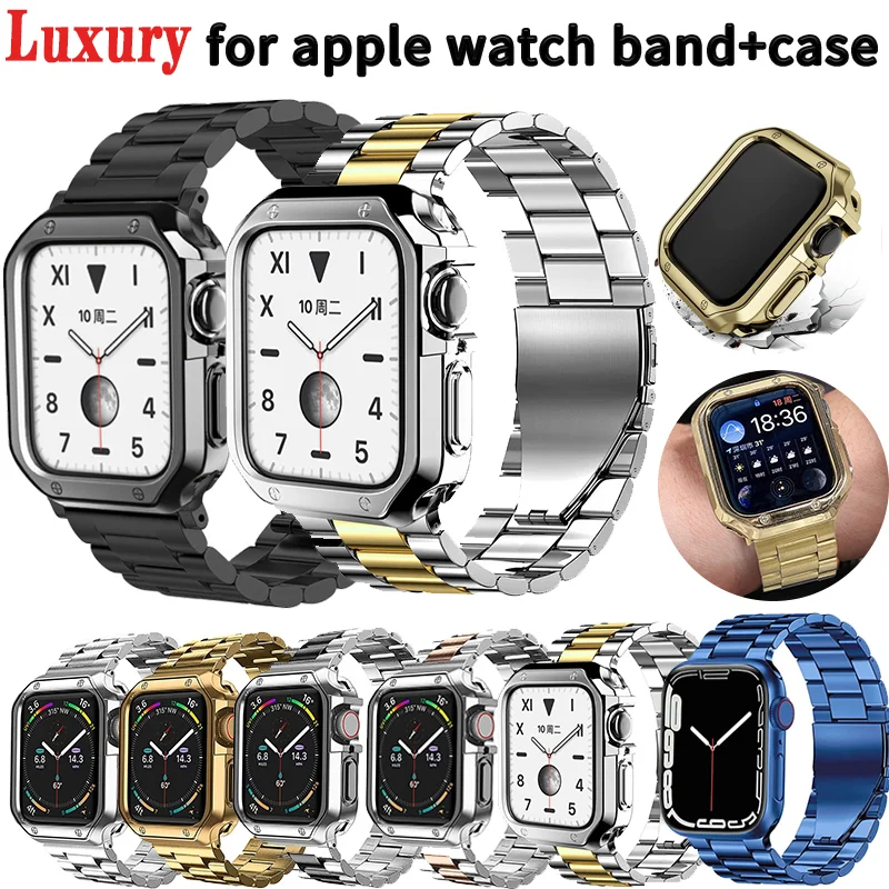

Силиконовый защитный чехол + металлический ремешок для apple watch band 45 мм 44 мм 42 мм 41 мм 40/38, браслет из нержавеющей стали серии 7 4 5 6 3 Se