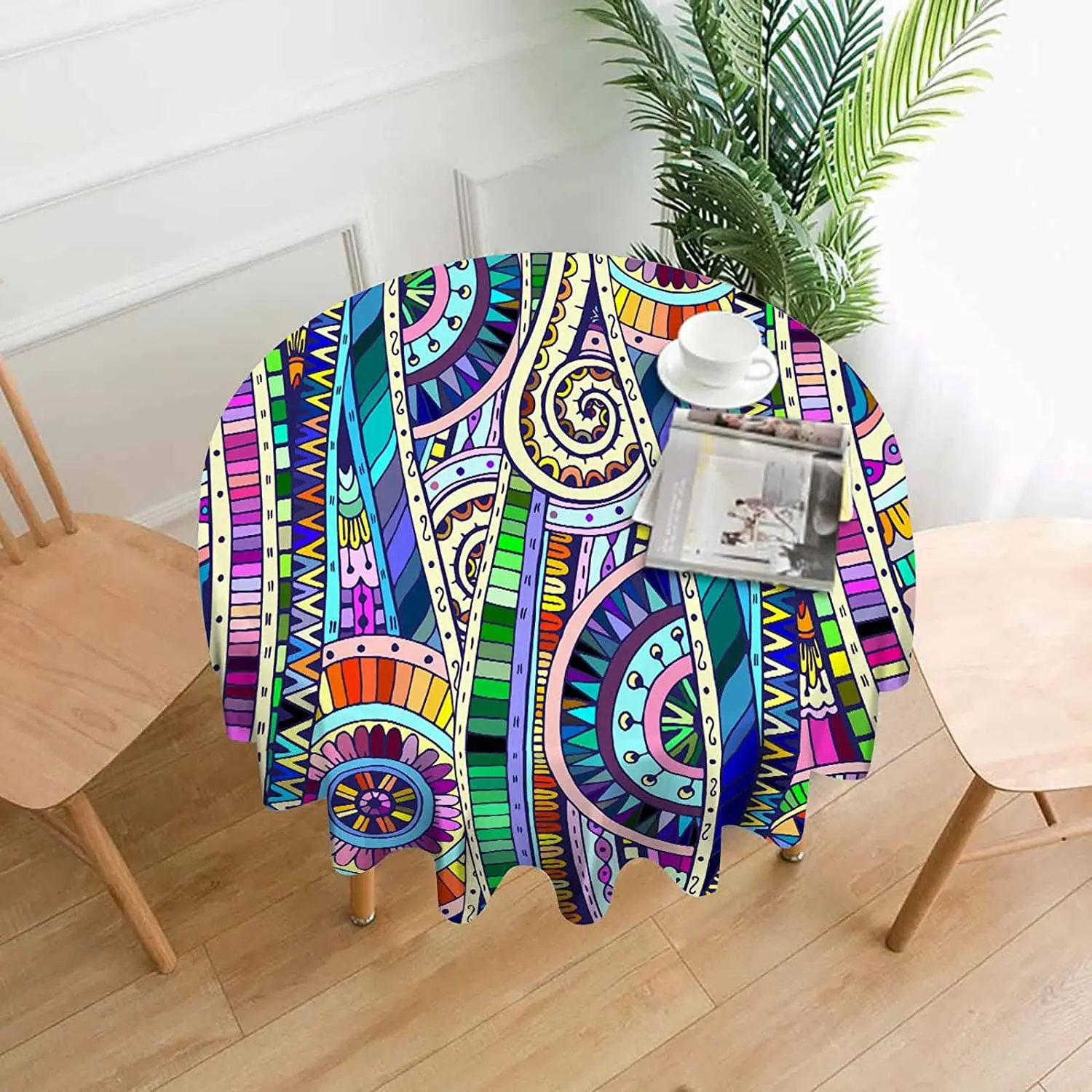 

Ethnic Geometric Elements Round Tablecloth Original Tribal Sun Flower Doodle Water Resistant Decorative Table Cover for Party