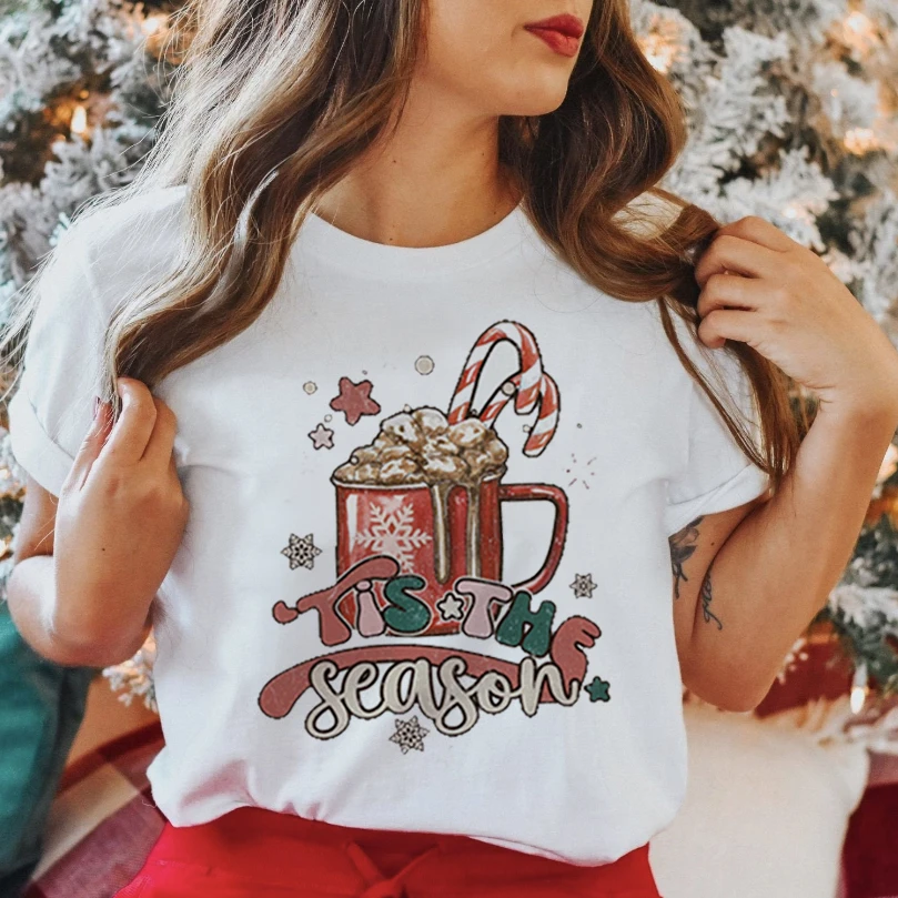 Купи Women Star Love Sweet Cute T Shirt Print Tops New Year Merry Christmas Season Wear T-Shirt Winter 2023 Clothing Graphic Tees за 165 рублей в магазине AliExpress