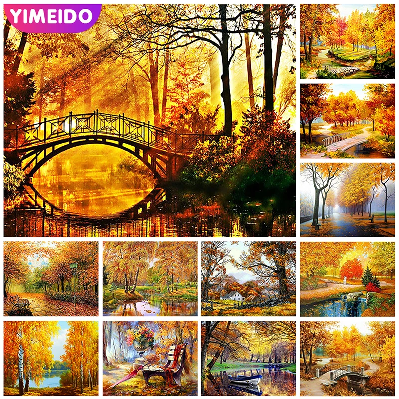 

YIMEIDO AB Diamond Painting Tree Full Square Round Zipper Bag 5D Diamond Embroidery Landscape Autumn Rhinestone Art Home Decor
