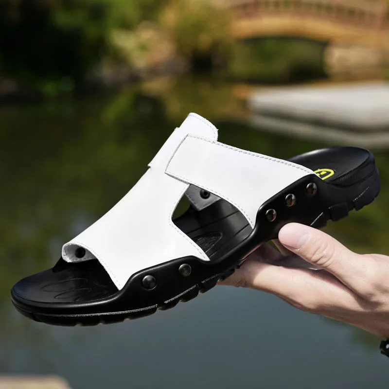 

Topvivi 2023 New Slides for Men Summer Leather slippers men size extra large size 50 51 52 Outdoor Beach Black Soft Sandals