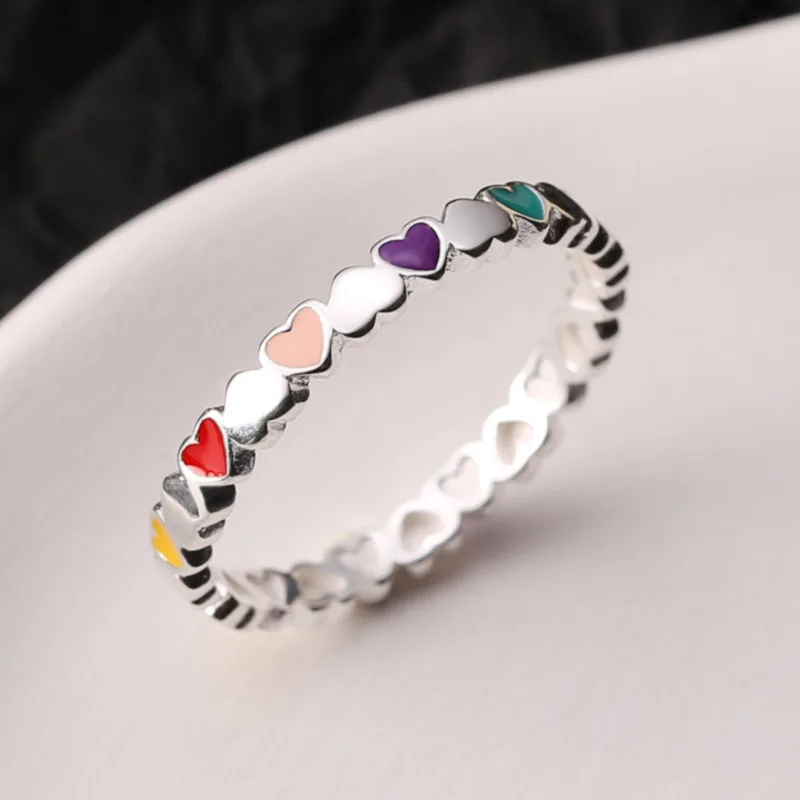 

Cute Real 925 Sterling Silver Heart Rings For Women Fine Jewelry Enamel Rainbow Colors Love Woman Ring Party Birthday Gifts