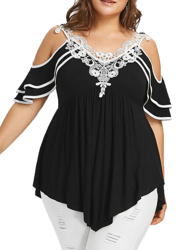 New lace stitching V-neck pullover double ruffled short sleeve loose urban leisure T-shirt plus size clothing
