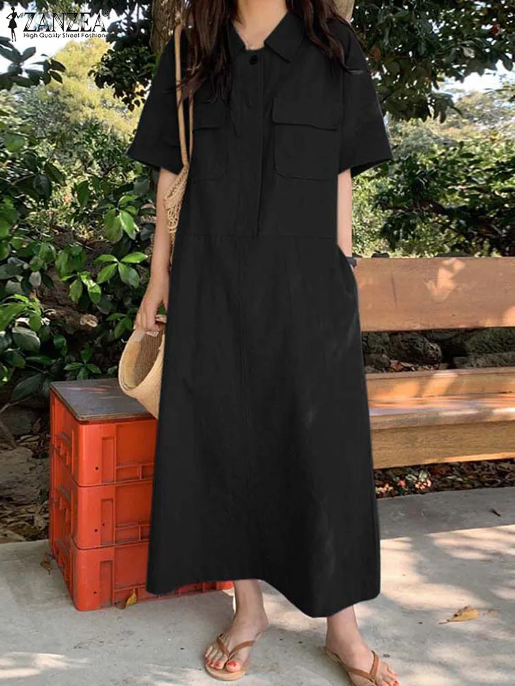 

ZANZEA Fashion Streetwear Dress Woman Vintage Half Sleeve Sundress Summer Elegant Lapel Neck Vestidos Solid Color A Line Dresses