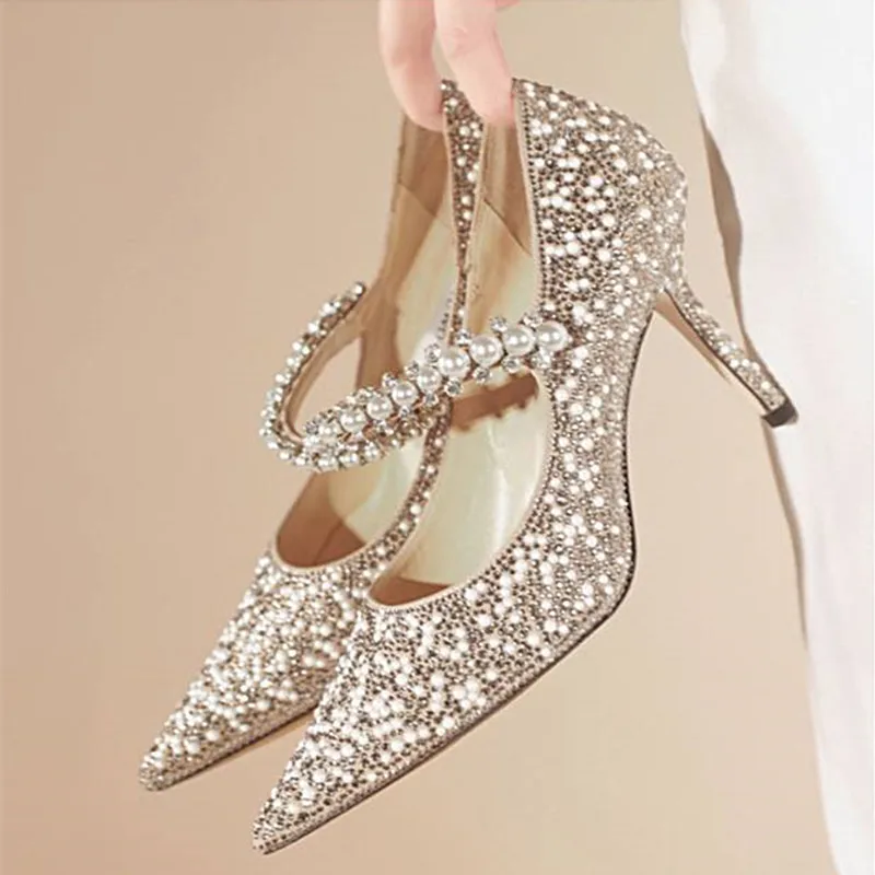 Shallow Mouth Women's Single Shoes Spring and Autumn 2023 New High Heel Muller Pointed Fashion Pearl Rhinestone Mary Jane Shoes