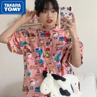takara tomy summer new girl hello kitty pink printed sweet short sleeved shirt student loose breathable cool half sleeve top