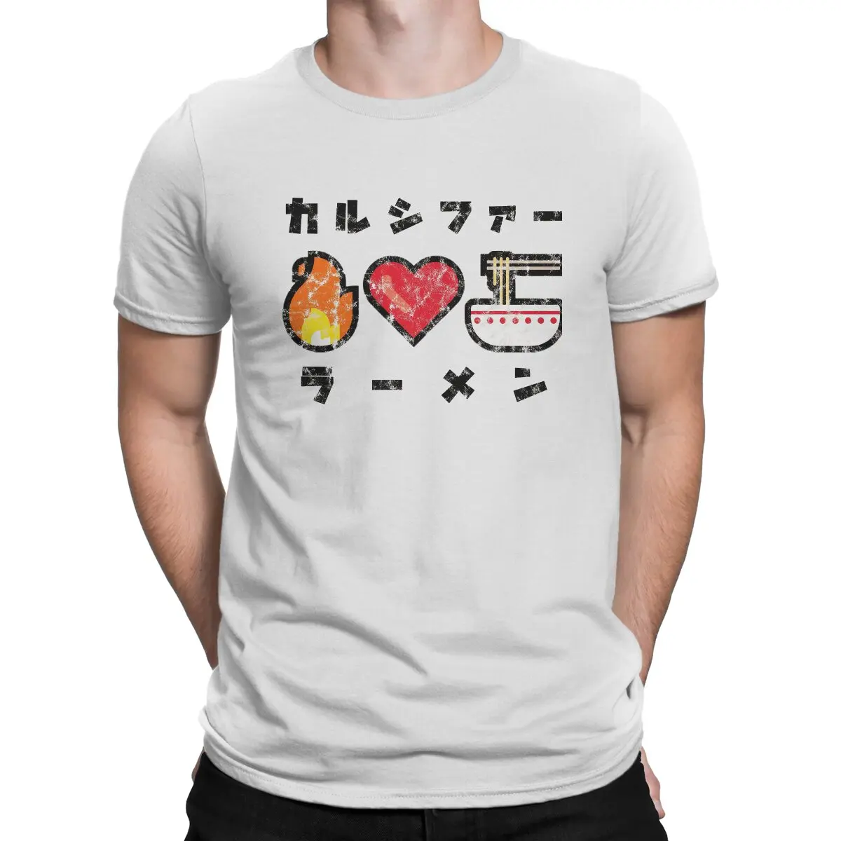 

Howls Moving Castle Sophie Animated Film Men's TShirt Calcifer Loves Ramen Kanji Distinctive T Shirt Streetwear New Trend