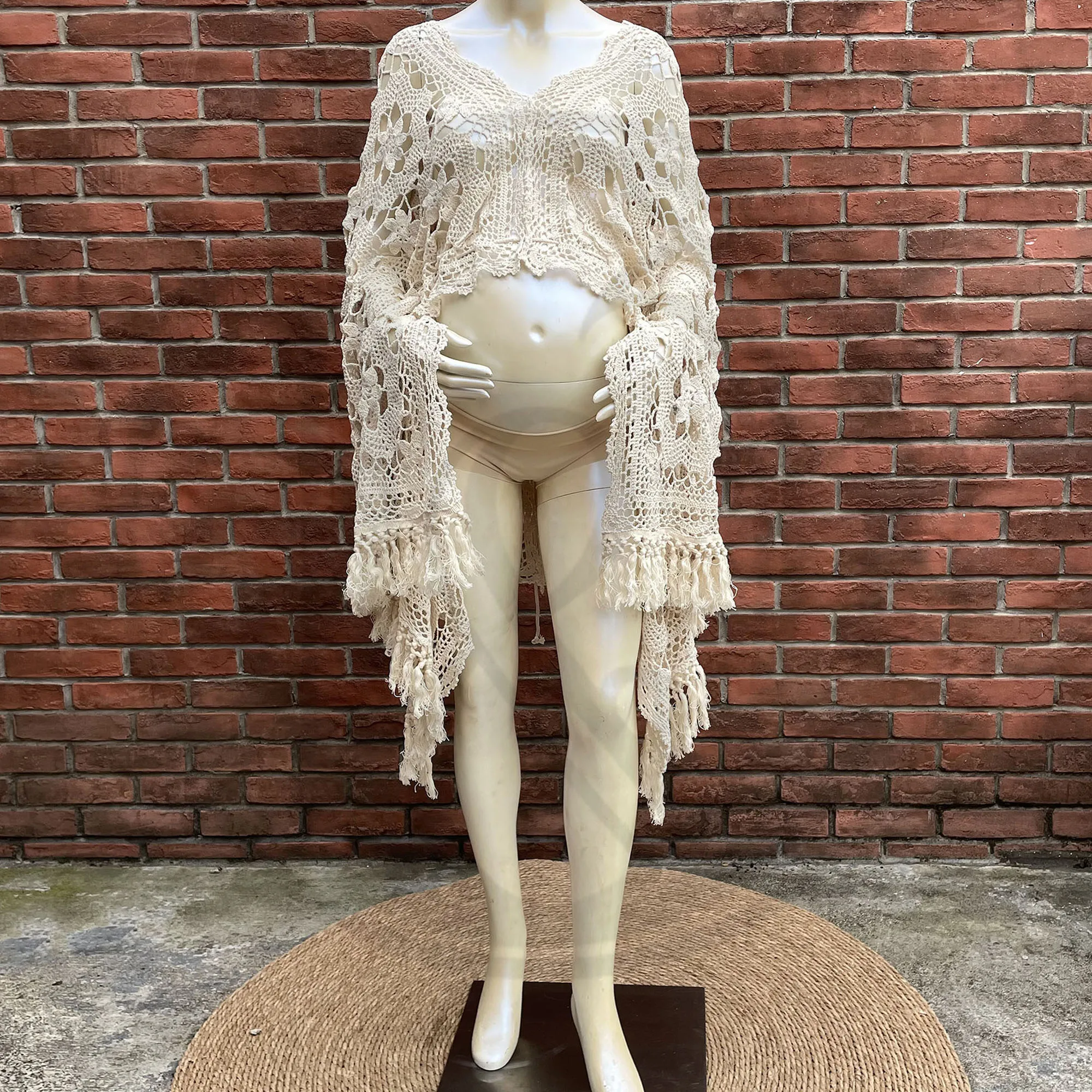 Photo Shoot Extra Long Floral Pregnant Handcraft Crochet Shawl with Tassel Handmade Cotton Beige Cape for Women Photography Prop