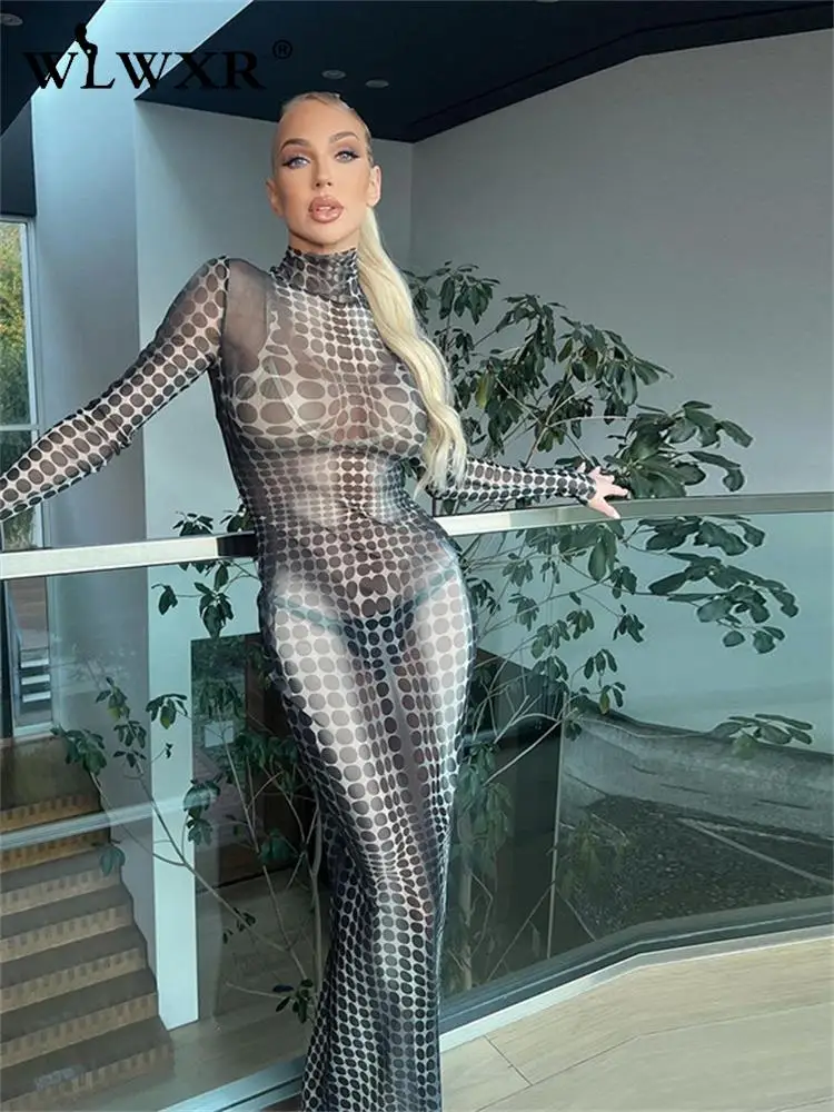 

WLWXR Spring Street Mesh See Through Bodycon Maxi Dresses Club Outfits For Women 2023 O Neck Long Sleeve Long Dress Party Dress