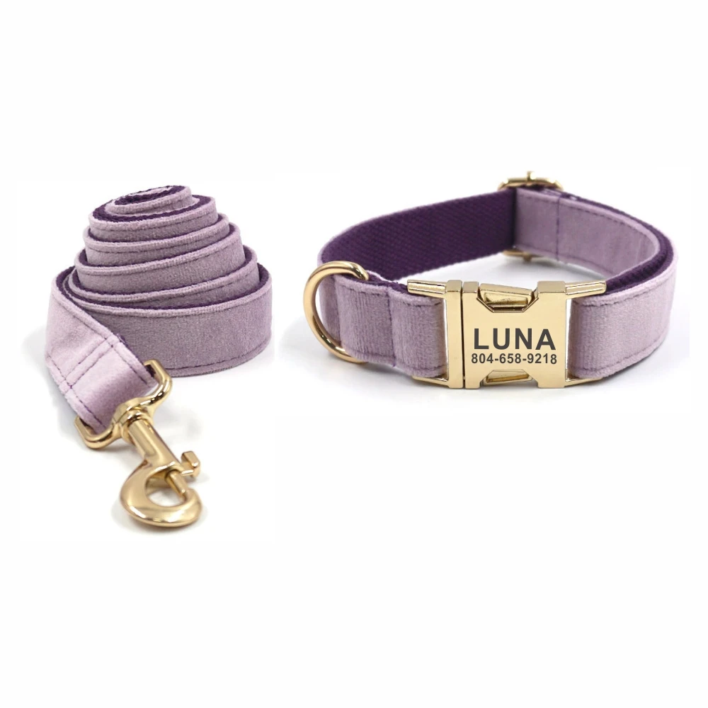 Collar de perro personalizado para mascotas, accesorio dorado con grabado gratis, etiqueta de nombre de identificación, Collar de cachorro de terciopelo púrpura, conjunto de correa
