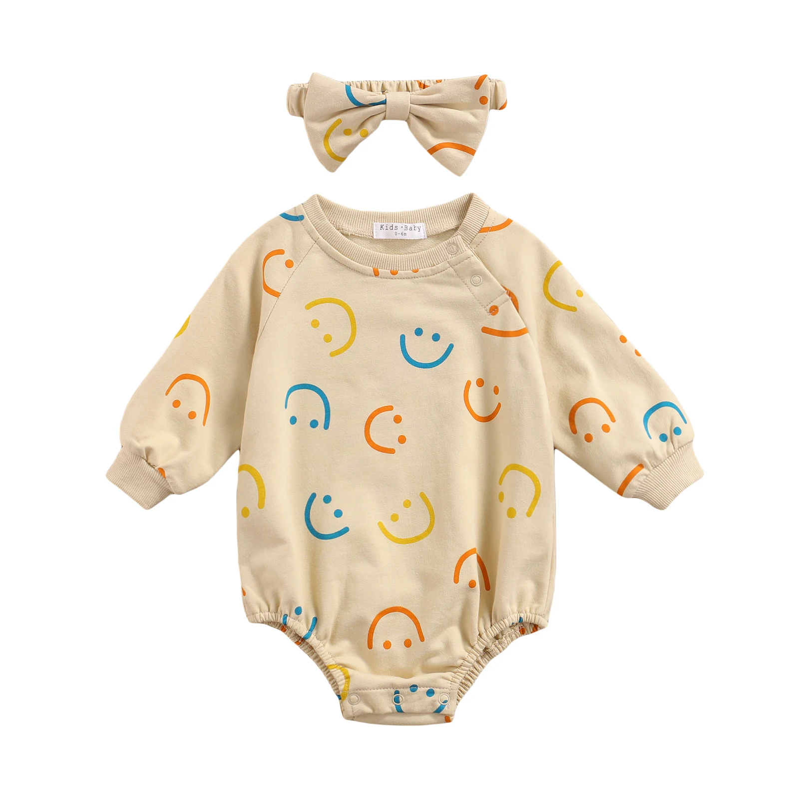 

Infant Baby Girls Sweatshirt Romper Long Sleeve Round Neck Smiley Letter Print Oversized Loose Bodysuit Outfits