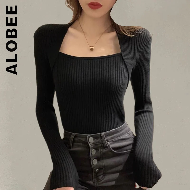 

Новый женский вязаный свитер Alobee, стильный вязаный свитер для девушек, облегающий шикарный Милый Топ, Женская облегающая одежда с квадратны...