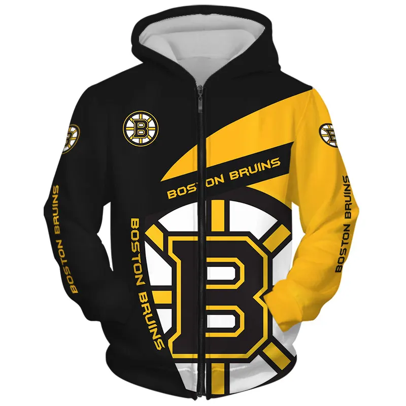 

Boston men's fashion Long sleeve 3D Bruins Zip Hoodies White black stitching curve circular printing Sweatshirt