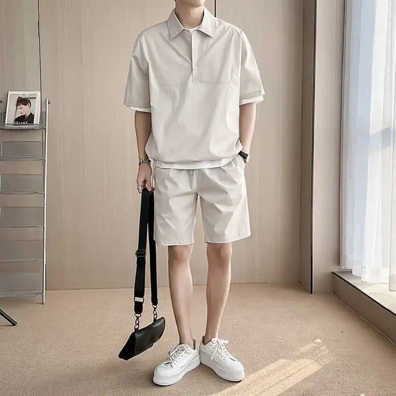 

2022 Men's Summer Solid Color Suit Casual Two-piece Loose Casual Shorts Short-sleeved Korean All-match Polo Shirt Two-piece