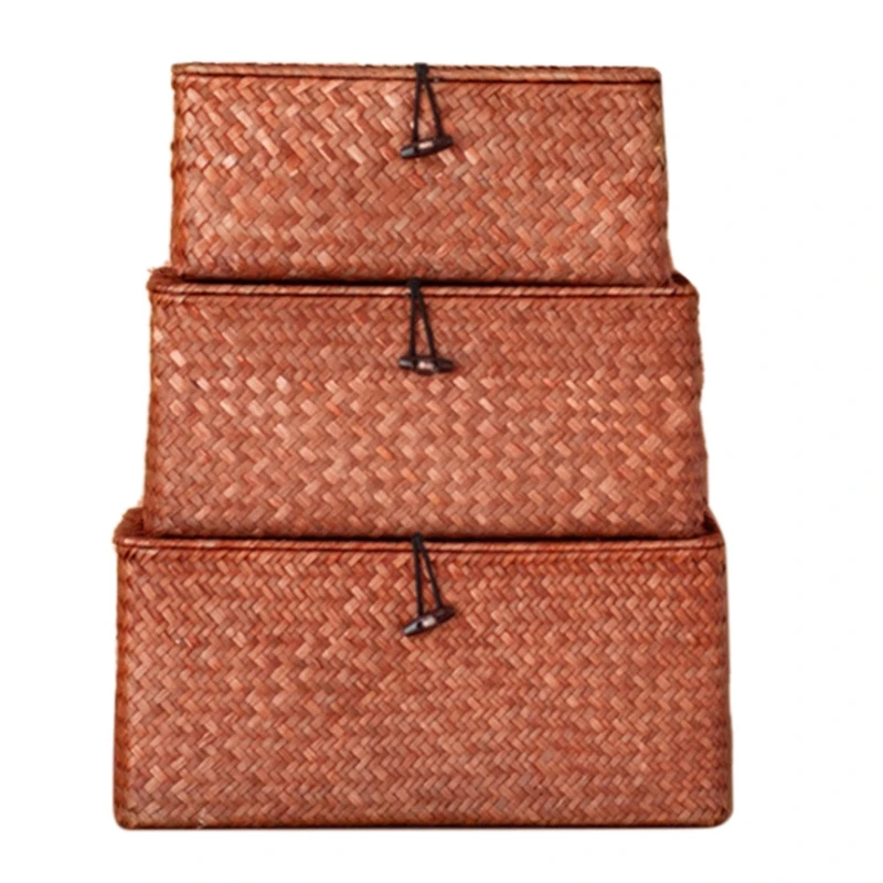 

3In1 Seagrass Rattan Basket Sea Grass Handmade Retro Woven Storage Folding Picnic Storage Box With Lid Cover