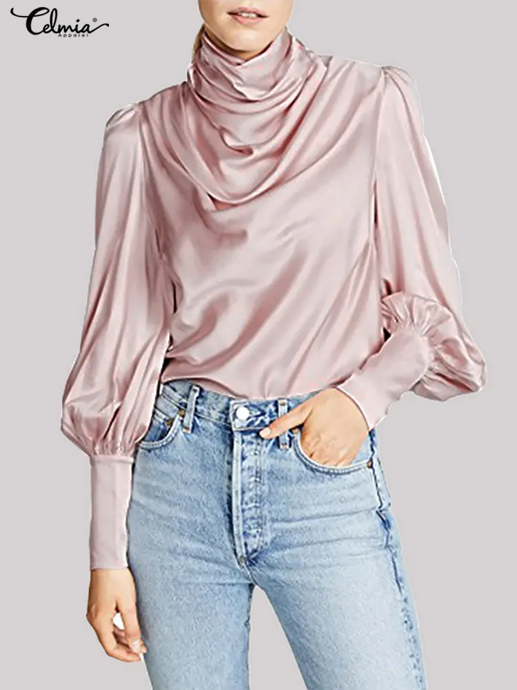 

2022 Summer Women Casual Satin Blouses Celmia Elegant Long Puff Sleeve Streetwear Shirt Fashion Pile Collar Office Lady Tops