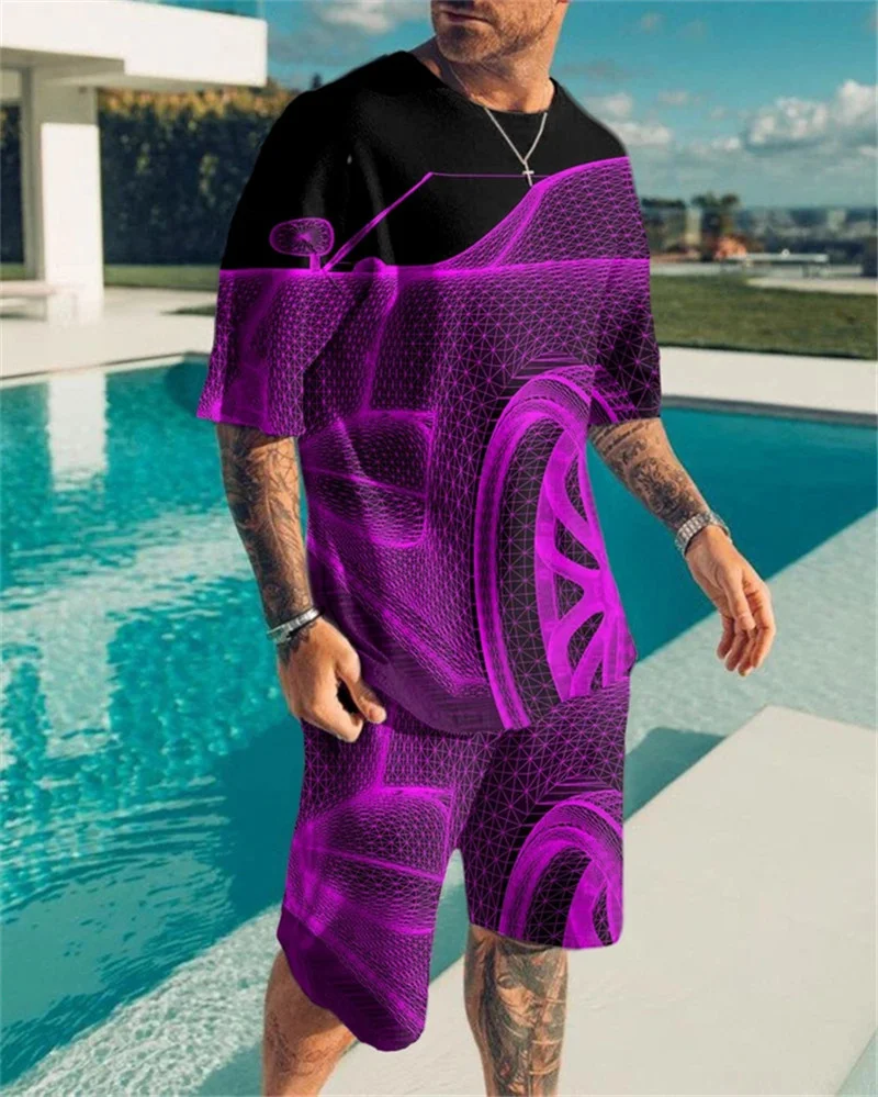 2023 Summer Geometric Minimalist Sports Suit 3D Digital Print Oversized T-shirt 2-piece Men's Fashion Casual Short Dating Suit