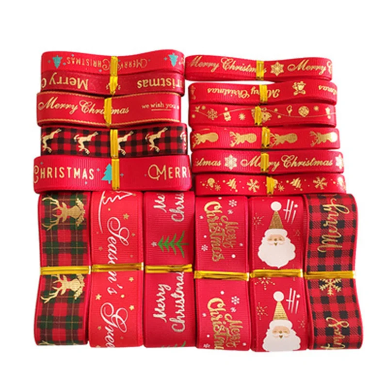 

Width 1-2.5cm 5 yards each roll of gold stamping printed Christmas decoration ribbon letters polyester DIY gift wrapping tape