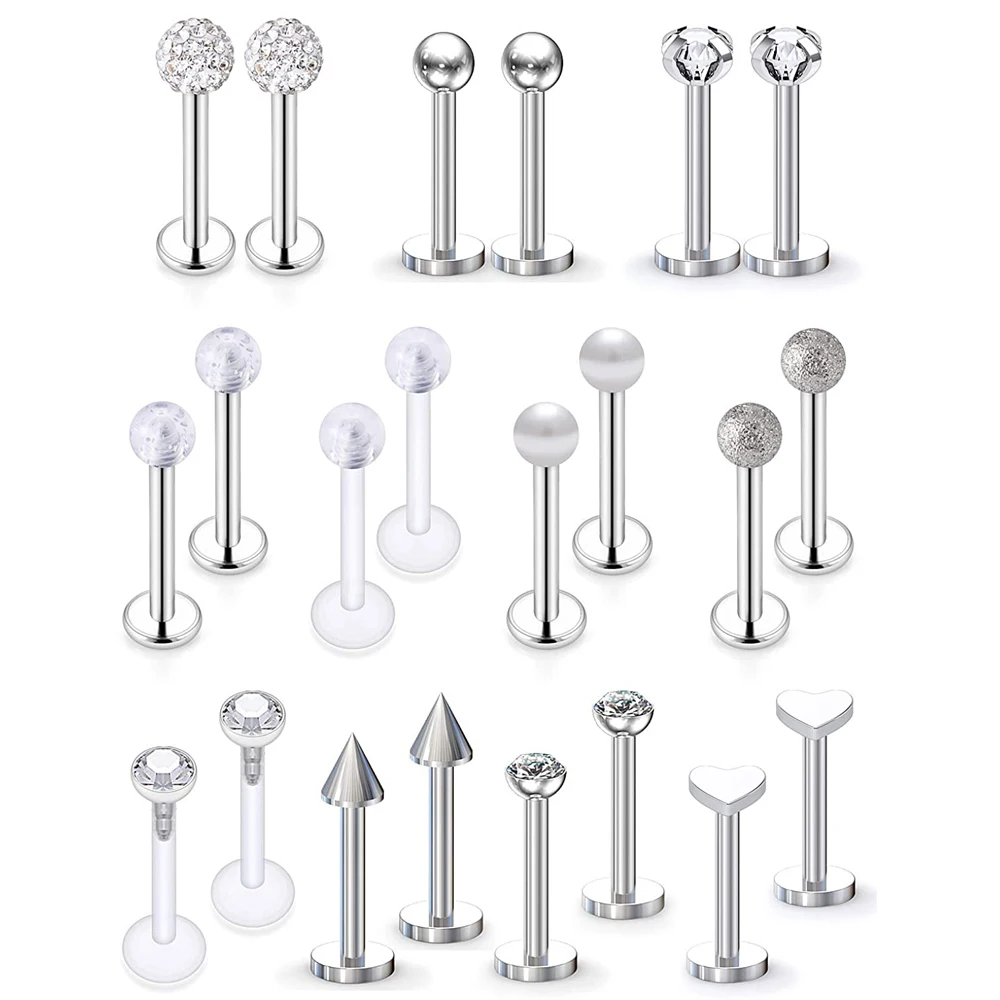 

22Pcs 16G Forward Helix Cartilage Tragus Earring Studs Internal External Threaded Labret Lip Monroe Ring Barbell Body Piercing