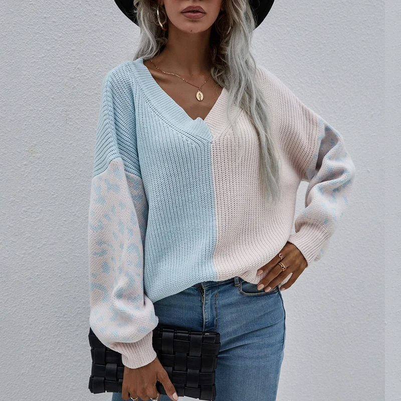 

Autumn Winter New Women Knitted Sweaters Fashion V Neck Long Sleeve Loose Pullovers Casual Knitwear Elegant Leopard Contrast Top