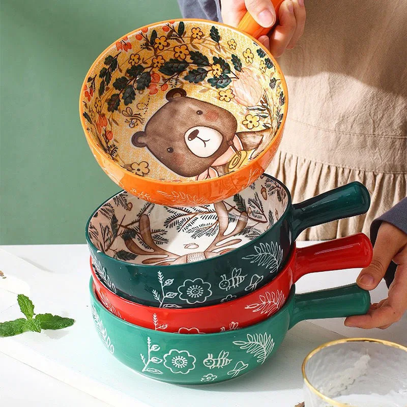 

Household Single Handle Ceramic Bowl Noodle Bowl Forest Animal Design Large Bowl Flower Bowl
