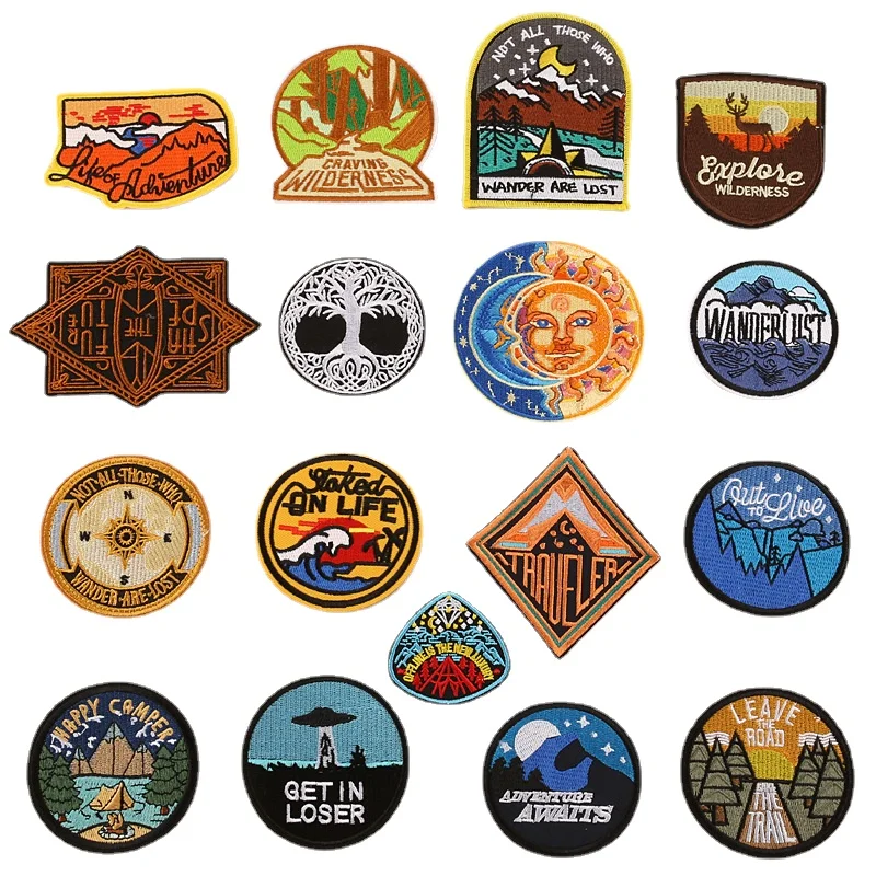 

17Pcs/Lot Traveler Embroidered Patch Iron on for Clothing Camp Sun Forest Mountain Moon Patterned DIY T-shirt Backpack Hat Badge