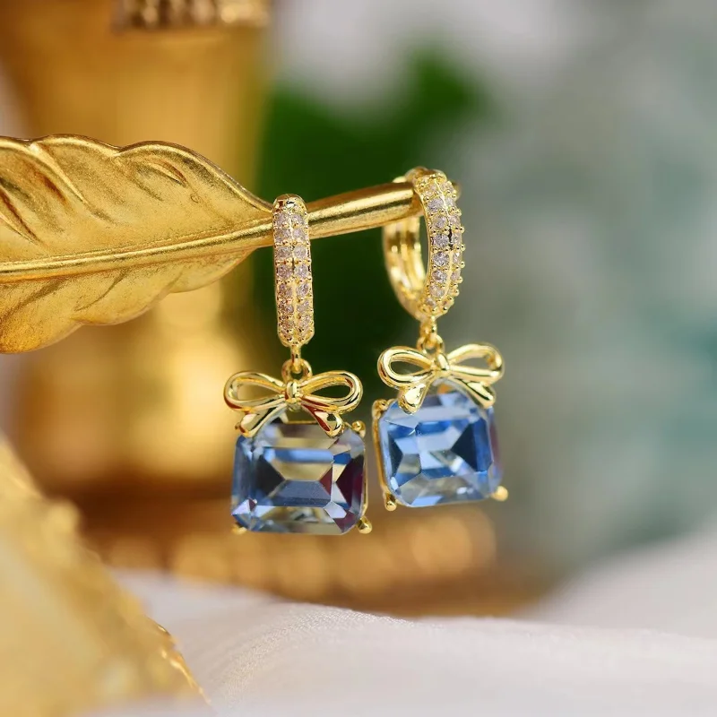 

Charm Fashion Blue Square Crystal Pendant Earrings Set White Zircon Ring Earrings for Women Anniversary Gift Jewelry