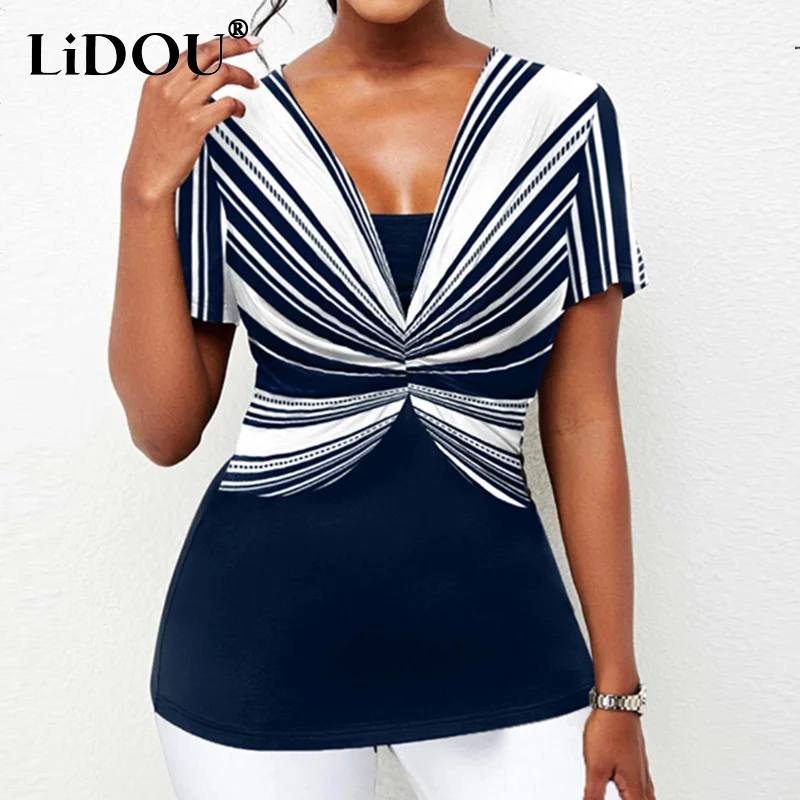Summer New Fashion Striped Printed Patchwork Short Sleeve Leisure T-shirts Oversized V-neck Low Cut All-match Slim Tops Women