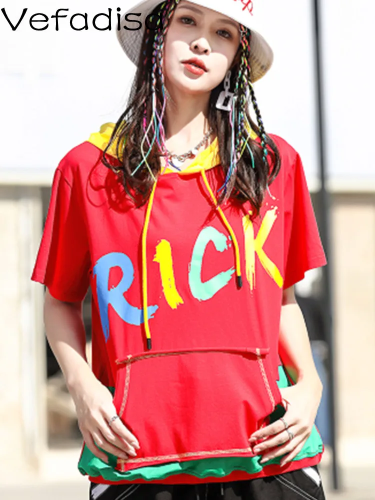 

2023 Summer Trend Letter Printed Short Sleeve Cotton Hooded Women T-shirt 2023 Summer Loose Personalized Panelled Top LWL447
