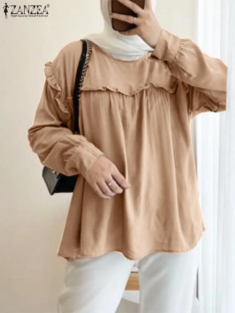 

Модная однотонная женская блузка ZANZEA с длинным рукавом и оборками, Женская винтажная Свободная рубашка, повседневные праздничные блузки Mujer 2023