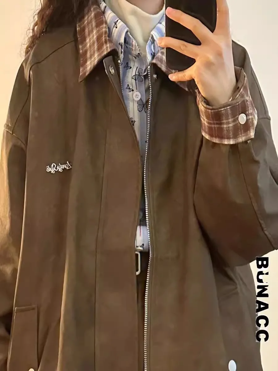 Американское винтажное свободное кожаное пальто в клетку Maillard Верхняя одежда