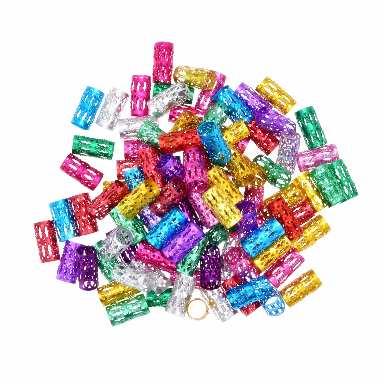 100pcs/bag 15mm Mix Color Beads Hair Dreadlock Beads Adjustable Hair Braid Rings Cuff Clips Tube Hair Styling Accessories