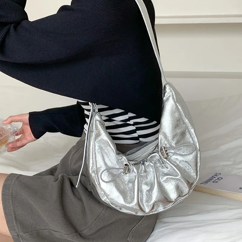 

Женская серебряная сумка с рюшами, мягкий кошелек-Хобо на молнии, с полумесяцем и подмышками, роскошная модная сумка на плечо, новинка 2023