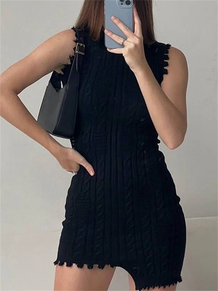 

CHRONSTYLE Summer Knitted Tassels Short Mini Dress 2022 Women Sexy Sleeveless Irregular Hem Dress Female Party Clothes Vestidos