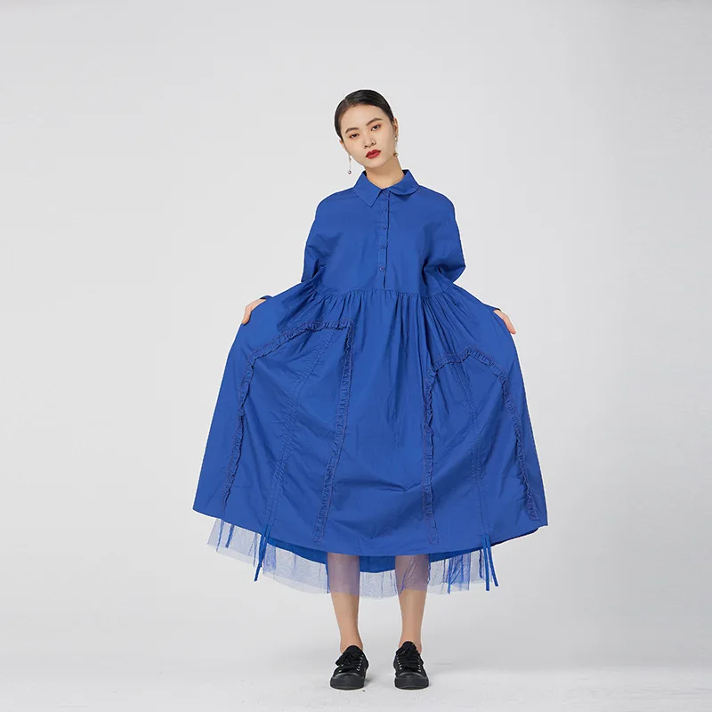 

SuperAen Original Design 2022 Oversized Mesh Patchwork Loose Irregular Peter Pan Collar A-LINE Mid-Calf Dress Women