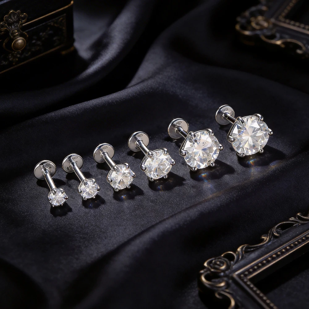 Фото Серьги-гвоздики Aide S925 из стерлингового серебра с круглым муассанитом, 6 размеров, с плоской застежкой, с сертификатом, для женщин, ювелирные изделия №4