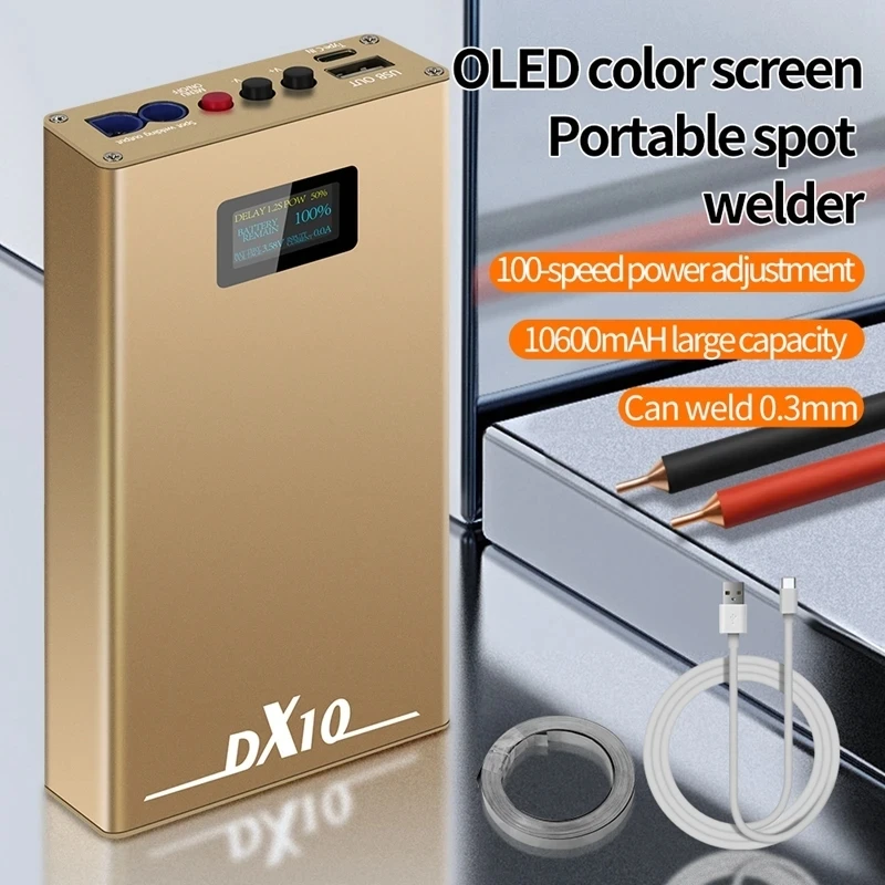 

10600mah DX10 Handheld Spot Welder Machine 6*300A OLED Mos 8 Awg Spot Pens For 18650 0.2mm Nickel Sheets Type-C Charge 4.2v Gold