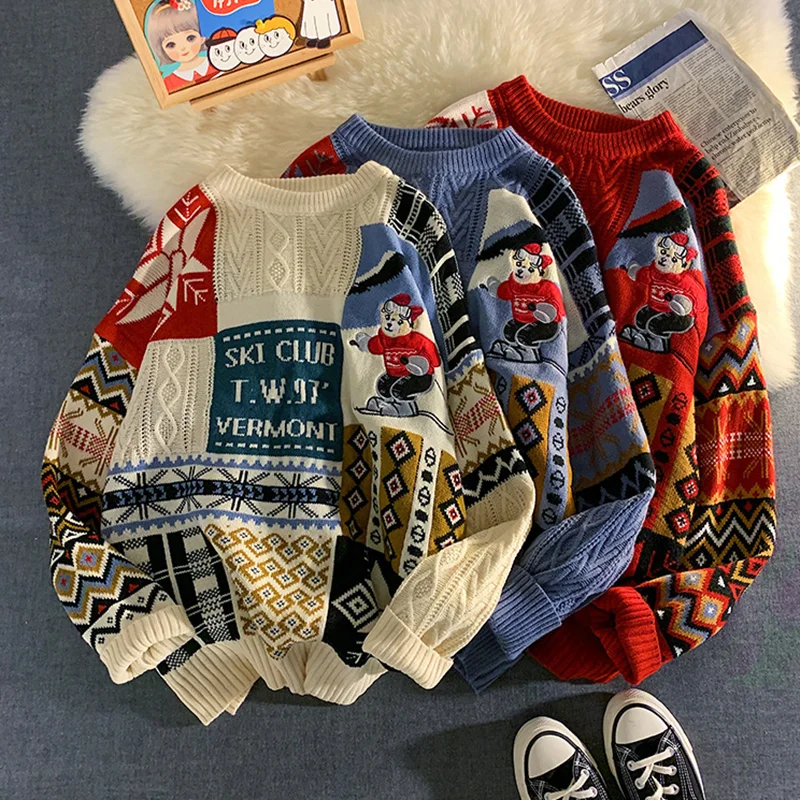 Christmas Men Sweater Autumn Winter Warm Casual Cartoon Printed Pullover Lazy Style O-neck Harajuku Men Sweater Couple Pullovers