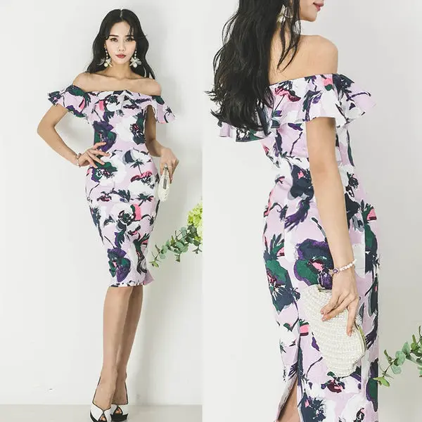 

Women 2022 Summer New Fashion Floral Dresses Female Slash Neck Slim Package Hip Pencil Dress Office Lady Work Formal Dress M81