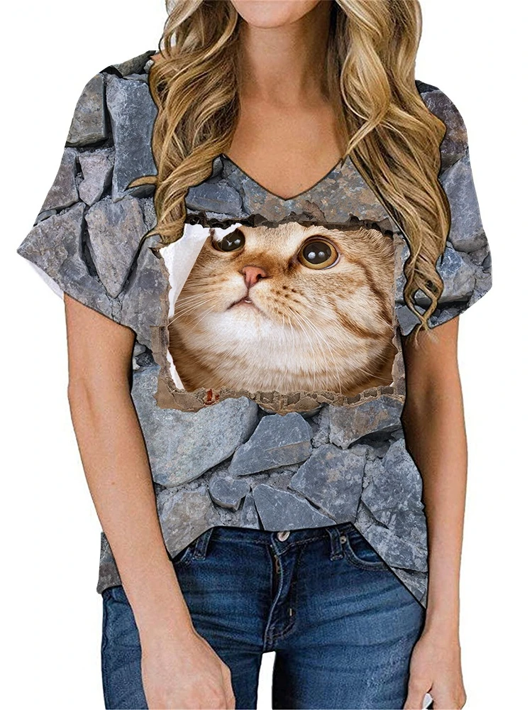 

Women's Cat T-Shirt Lovely Graphic T Shirt Kitten 3D Print Cotton V-neck Shirt Cute Tops Girls Pet Cats Tees