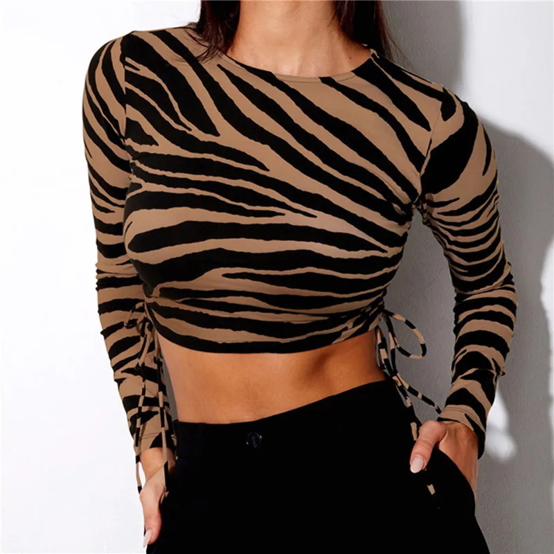 

Fashion Women Zebra-Stripe Top Stylish Long Sleeve Side Drawstring Crop Tops Autumn New Round Collar PUllover Tops T-Shirt Lady