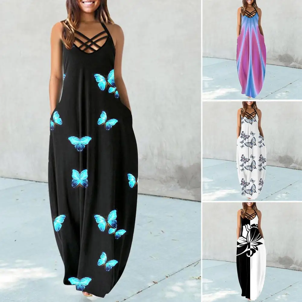 

Butterflies Printing Women Strap Dress Vintage Summer O-neck Flower Print Sleeveless Plus Size Pullover Long Dresses