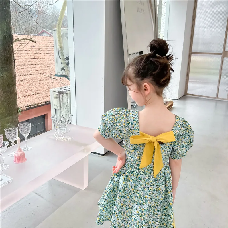 

1819C Girl Dress Summer 2022 Girls' Green Floral Dress Square Collar Bubble Sleeve Yellow Lace-up Backless Cotton Princess Dress