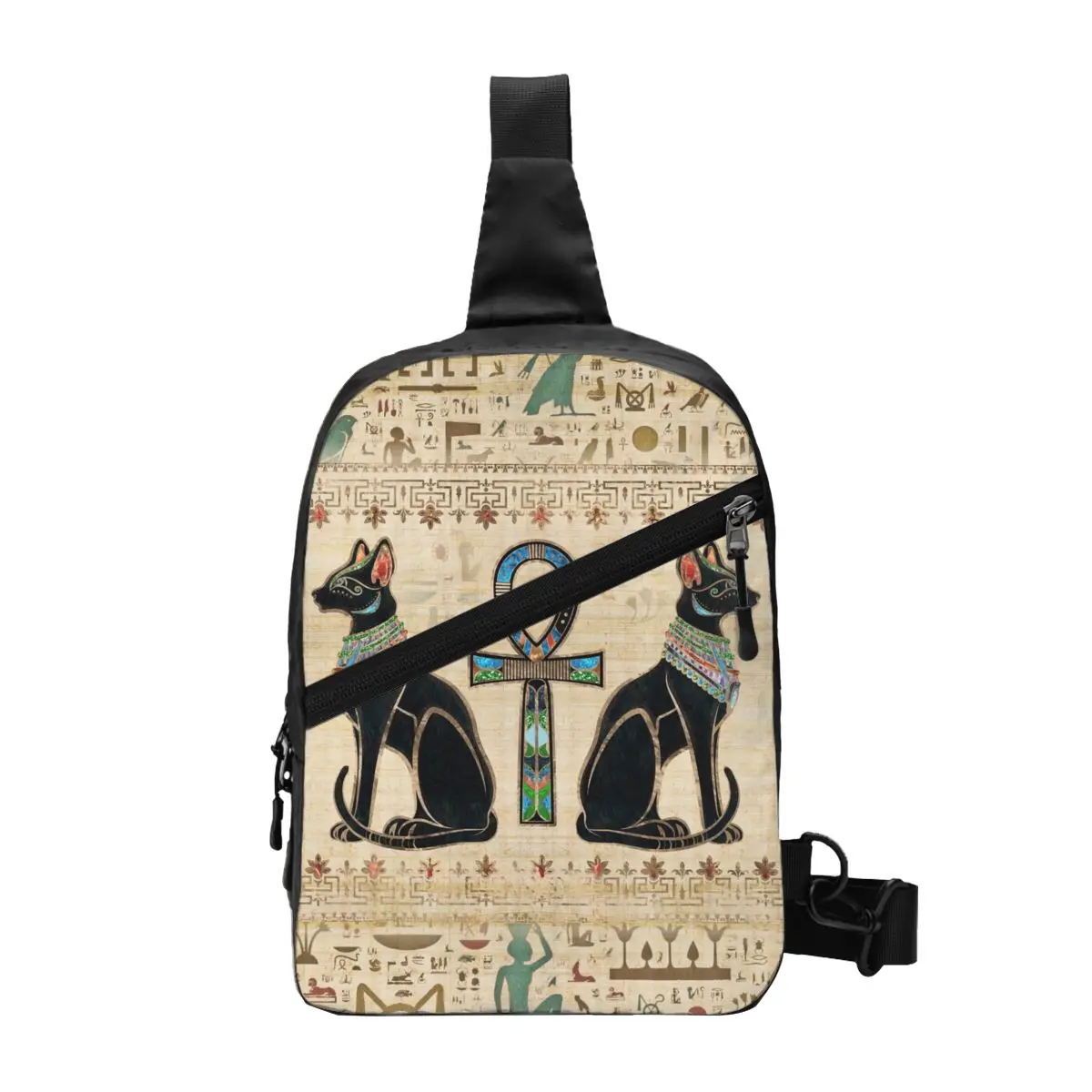 Custom Egyptian Cats And Ankh Cross Sling Bags for Men Fashion Ancient Egypt Shoulder Chest Crossbody Backpack Traveling Daypack