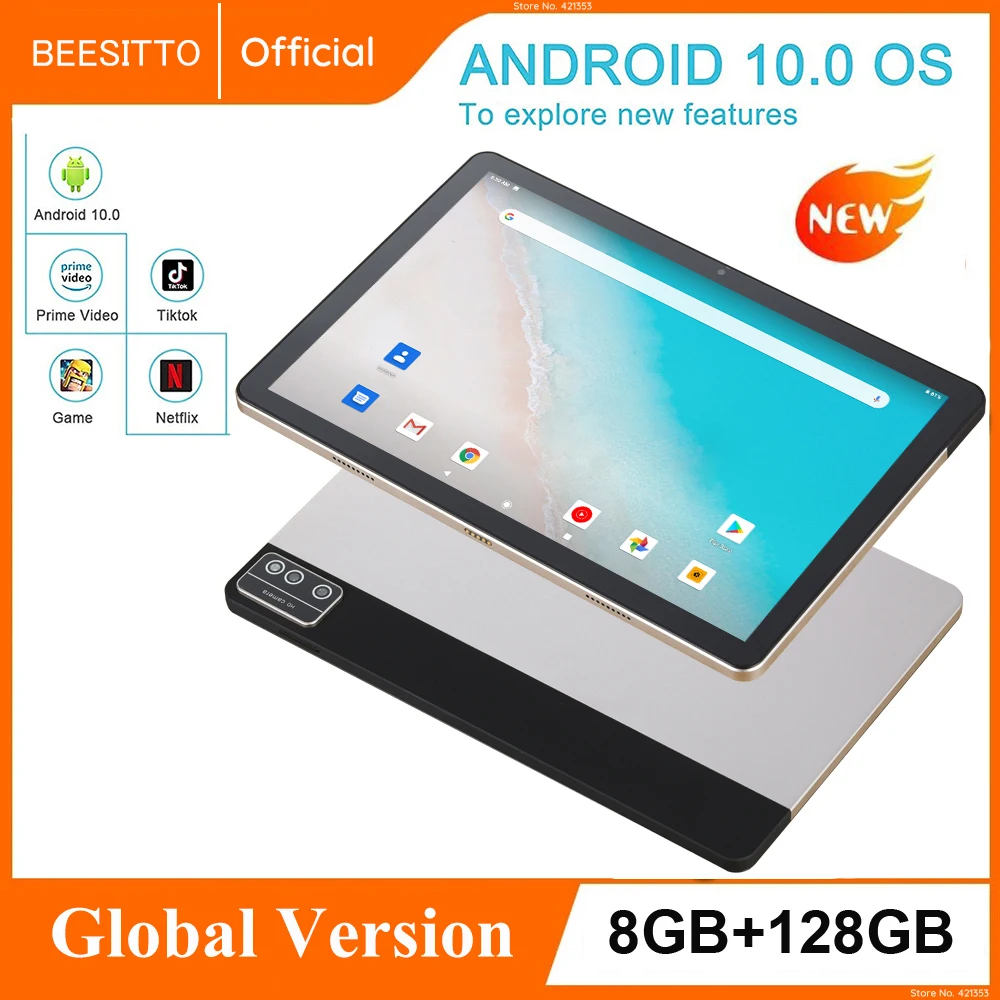 BEESITTO 10.1 Inch IPS 1920x1200 2.5K Screen Tablets Android 10.0 Dual SIM 4G Phone 128GB Storage 8000mAh Battery Type-c USB